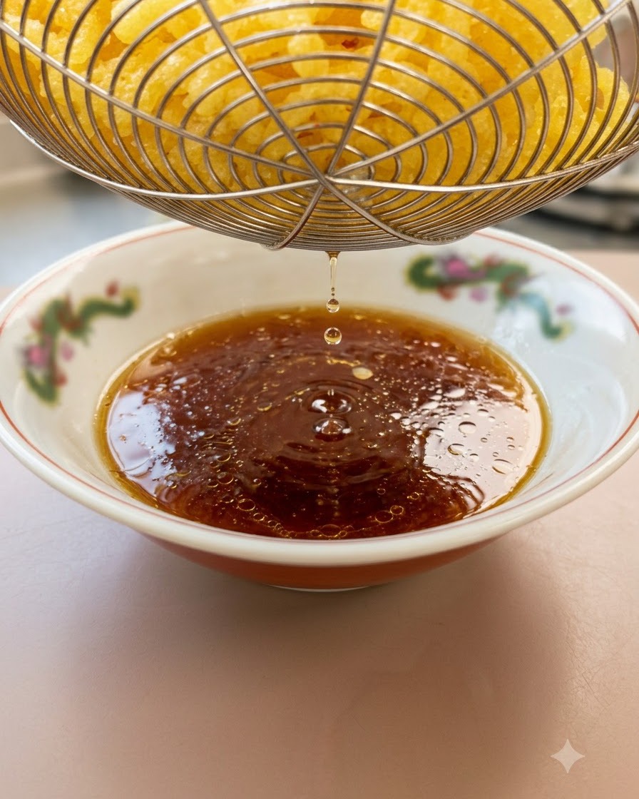 Des nouilles ramen jaunes et épaisses soulevées dune passoire, égouttées au-dessus dun bol à motifs rempli de sauce.