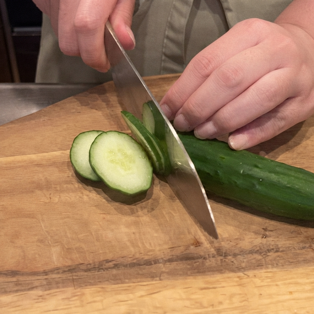 Un couteau de cuisine tranchant coupant un concombre vert frais en fines rondelles sur une planche a decouper en bois.