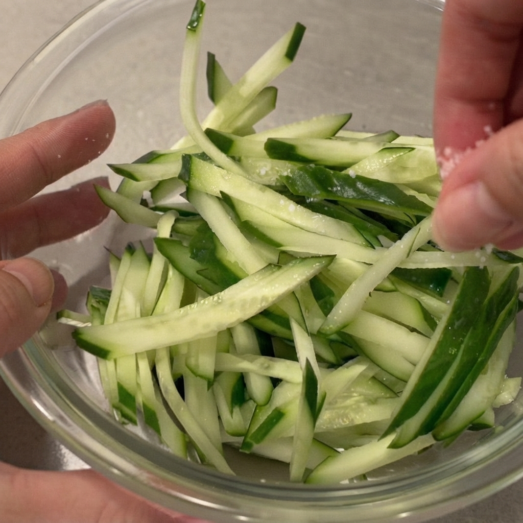 Des mains saupoudrant du sel grossier sur un bol de lanieres de concombre vert fraichement eminces.