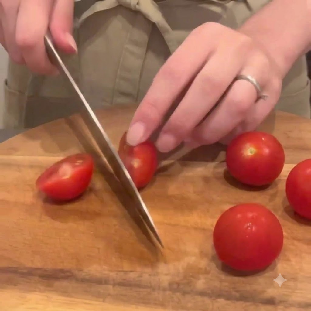 Des tomates cerises rouges fraiches coupees en deux avec un couteau sur une planche a decouper en bois.