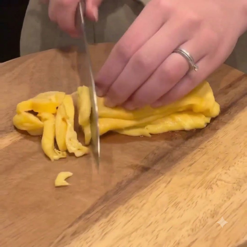 Une omelette aux oeufs coupee en fines lanieres avec un couteau sur une planche a decouper en bois.