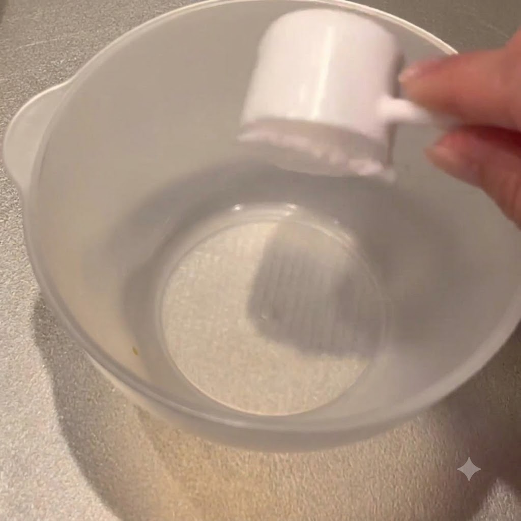 Une mesure remplie de sucre ajoutee dans un bol de melange transparent pour preparer la sauce pour nouilles.