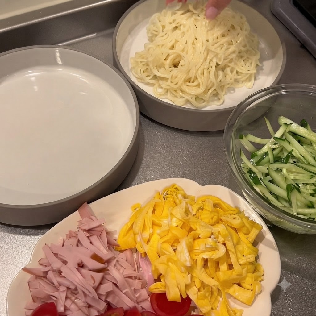 Un bol de service rempli de nouilles aux cotes dassiettes separees contenant du concombre emince, du jambon et des lanieres doeufs.