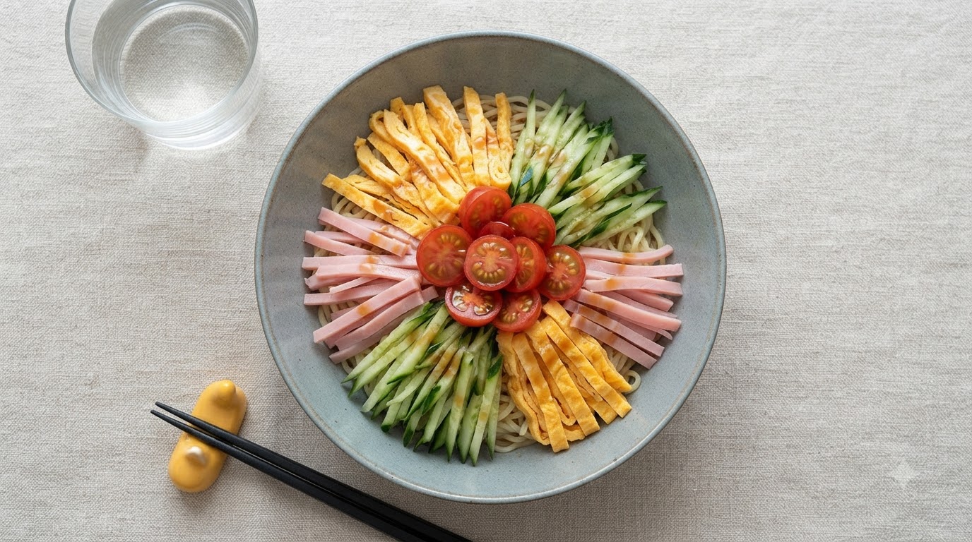 Un bol colore de Hiyashi Chuka compose de nouilles de ramen froides garnies de concombre emince, de jambon, domelette et de tomates cerises.