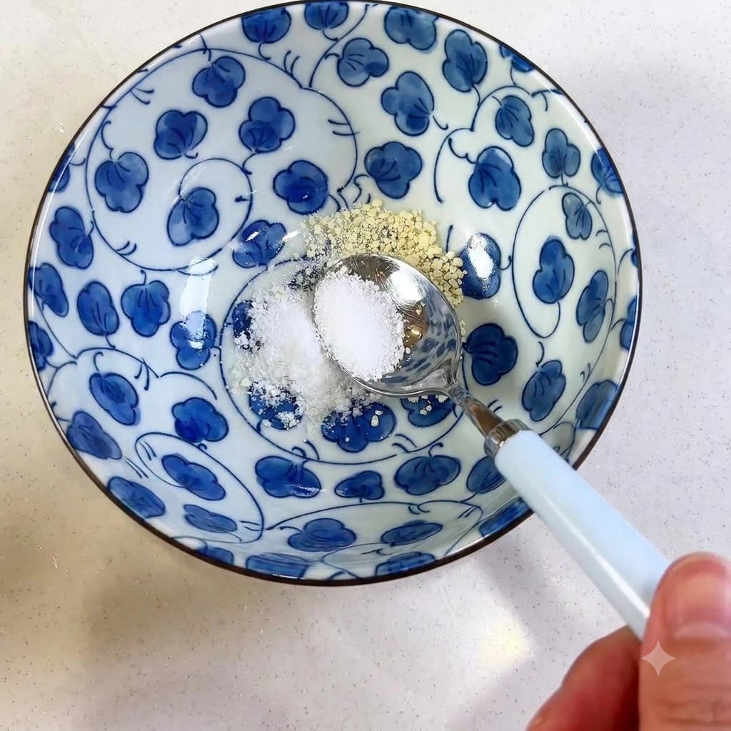 Une cuillère dosant des assaisonnements dans un bol en céramique décoré de bleu et blanc.