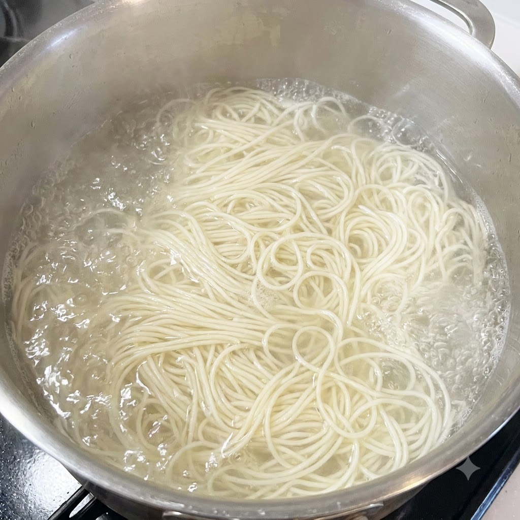 Nouilles sōmen sèches plongeant et cuisant dans une grande casserole en inox deau bouillante.