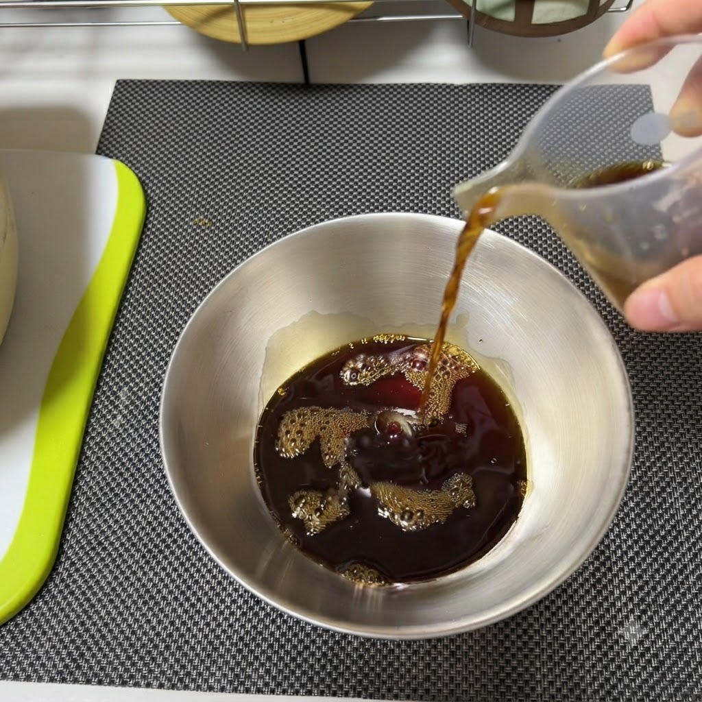 Condiments liquides versés et mélangés dans un bol en métal.