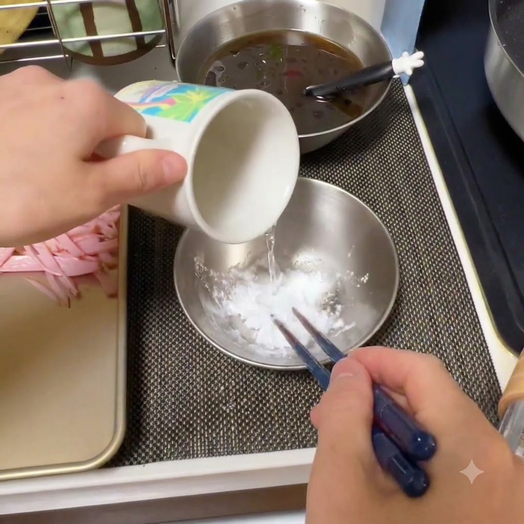 Eau ajoutée à la fécule dans un bol et mélangée avec des baguettes.