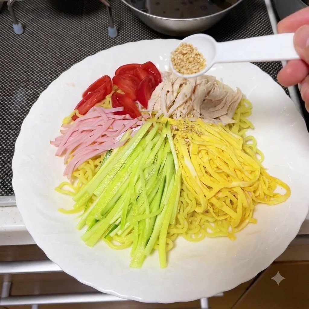 Garnitures telles que concombre, jambon et tomates saupoudrées de graines de sésame sur les nouilles.