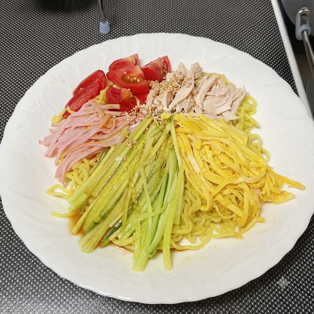 Vinaigrette versée sur les nouilles froides et leurs garnitures.