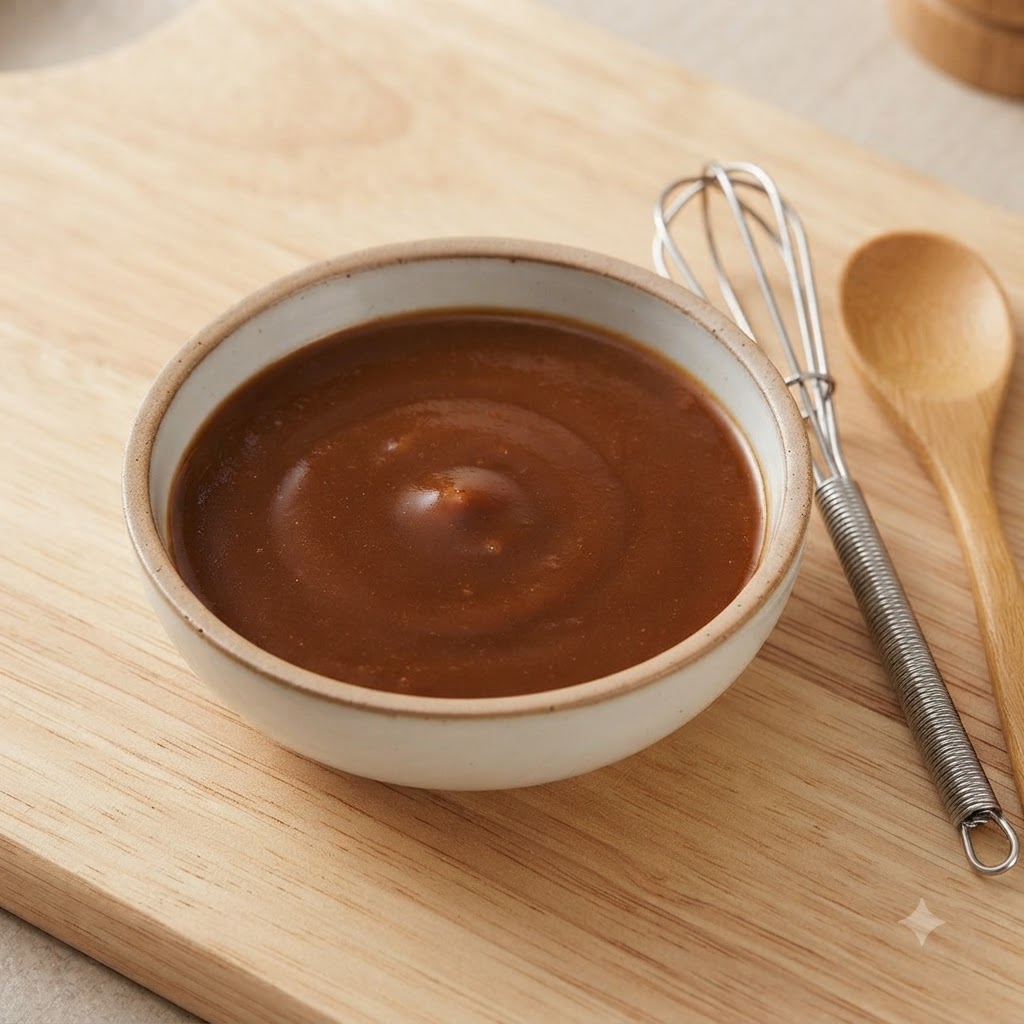 Un petit bol contenant un mélange de miso et de sauce soja fouetté et lisse, à côté dun mini fouet métallique et dune cuillère en bois.