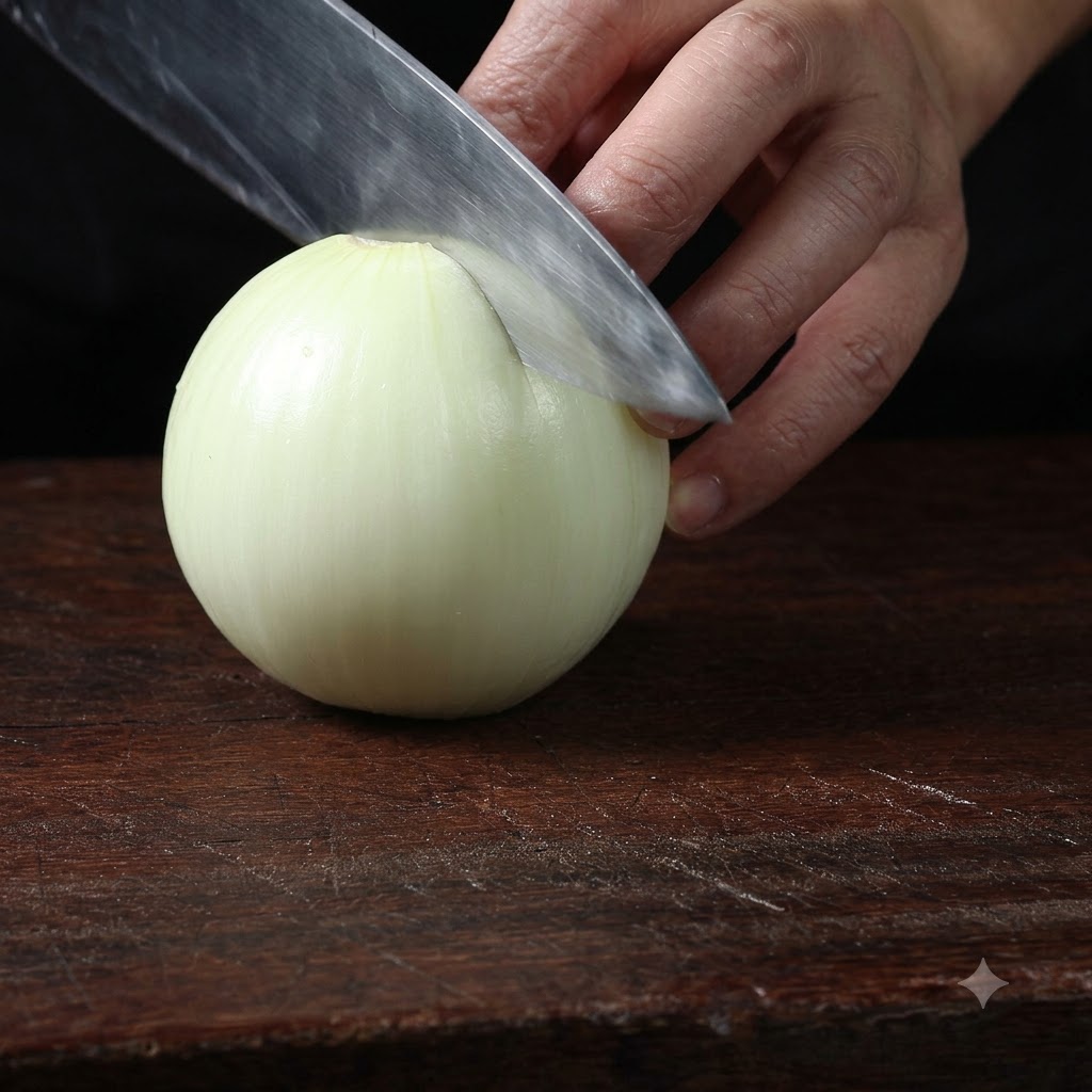 Un couteau bien affûté coupant un oignon blanc en fines lamelles sur une planche à découper en bois foncé.