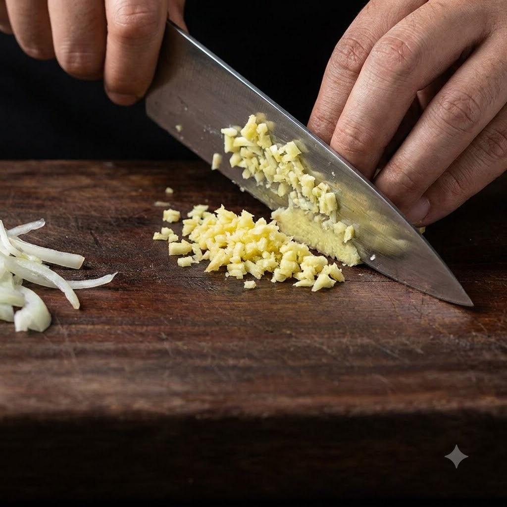 Un couteau de chef éminçant du gingembre frais en petits morceaux sur une planche à découper en bois.