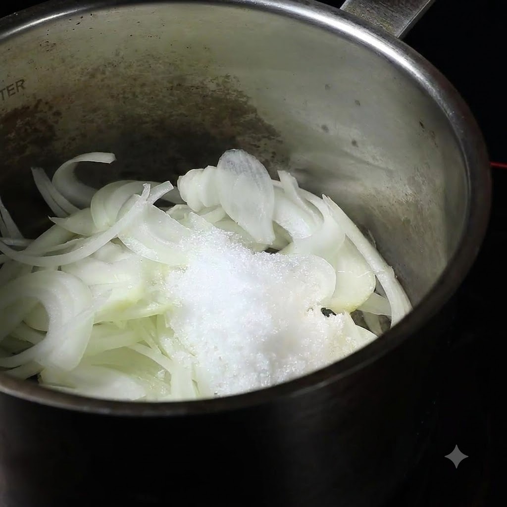 Du sucre blanc versé sur des oignons tranchés dans une casserole en acier inoxydable.