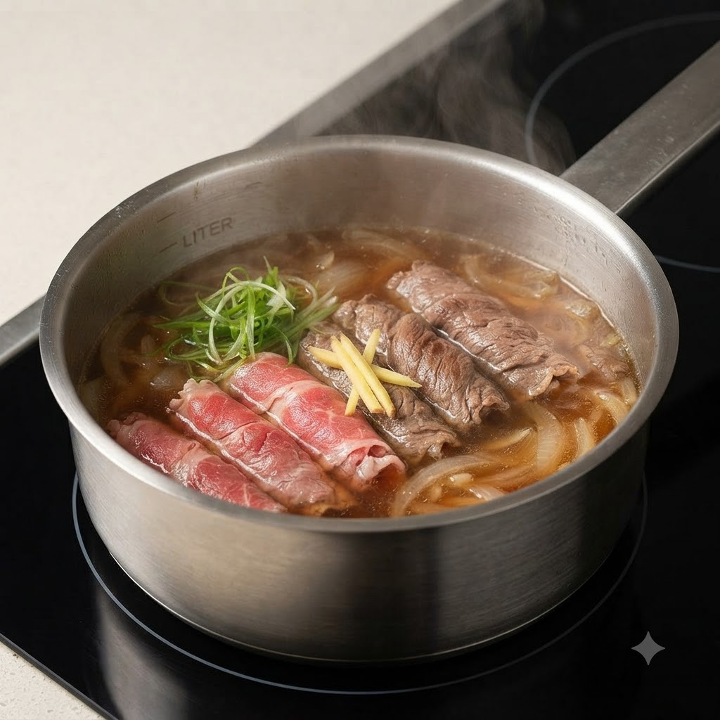 Des tranches de bœuf cru cuisant dans un bouillon frémissant avec des oignons et des garnitures doignons verts à lintérieur dune casserole.