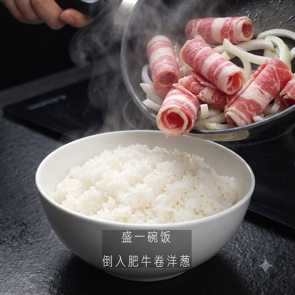 Une poêle versant du bœuf et des oignons cuits sur un bol de riz blanc.