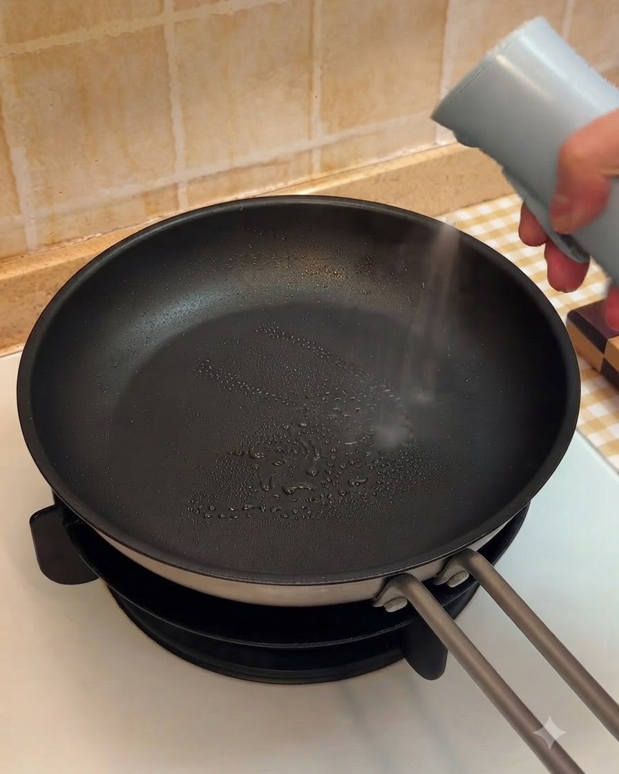 Une poêle chaude légèrement huilée avec un vaporisateur avant la cuisson du bœuf.