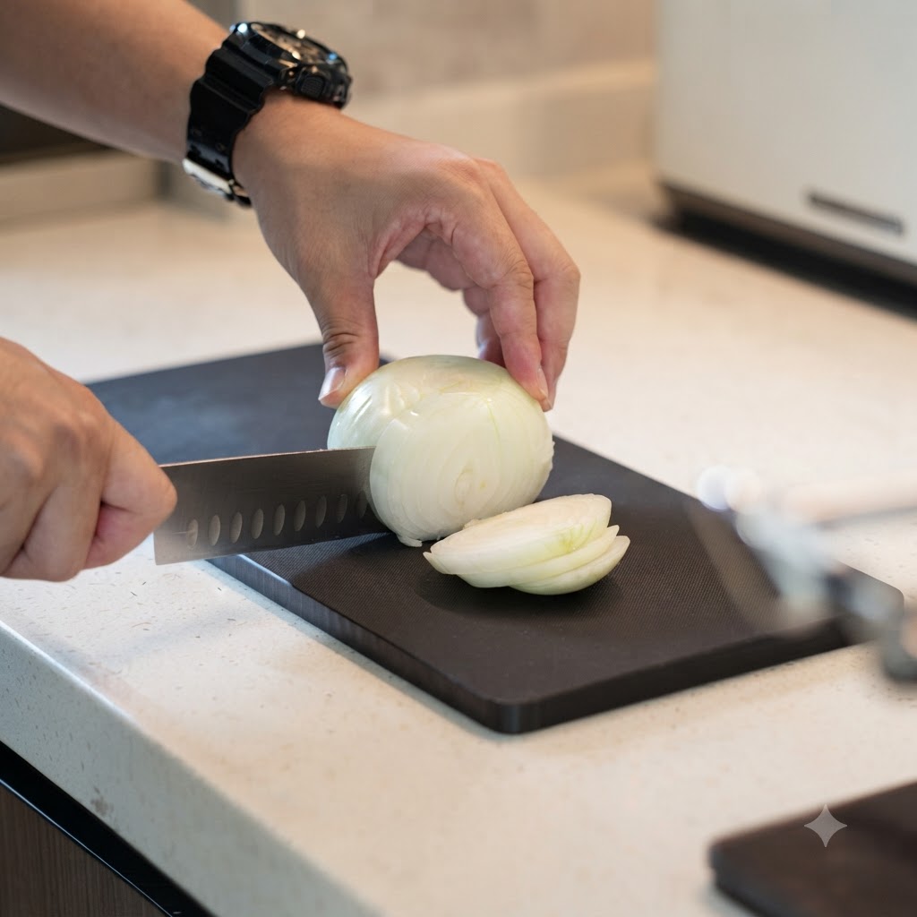 Mains éminçant un oignon blanc en fines lamelles sur une planche à découper noire.
