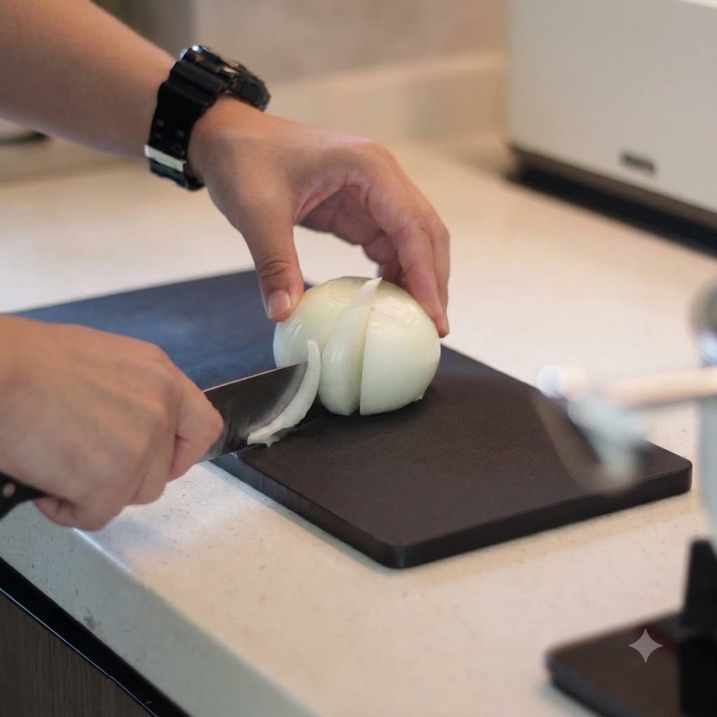 Lamelles doignon blanc transférées dans un bol en verre sur le plan de travail de la cuisine.