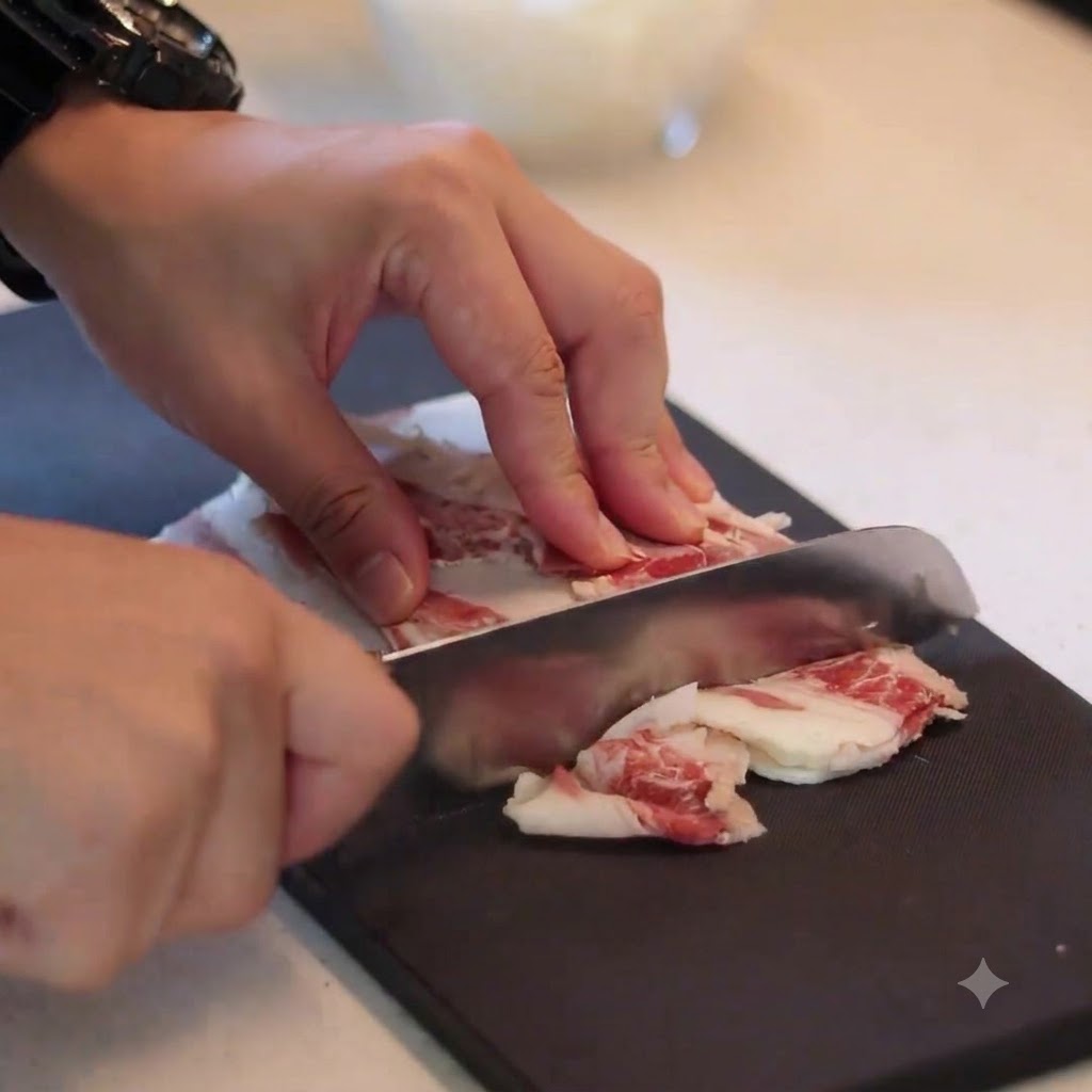 Mains utilisant un couteau de cuisine bien aiguisé pour couper des lanières de bœuf persillé en plus petits morceaux sur une planche à découper noire.