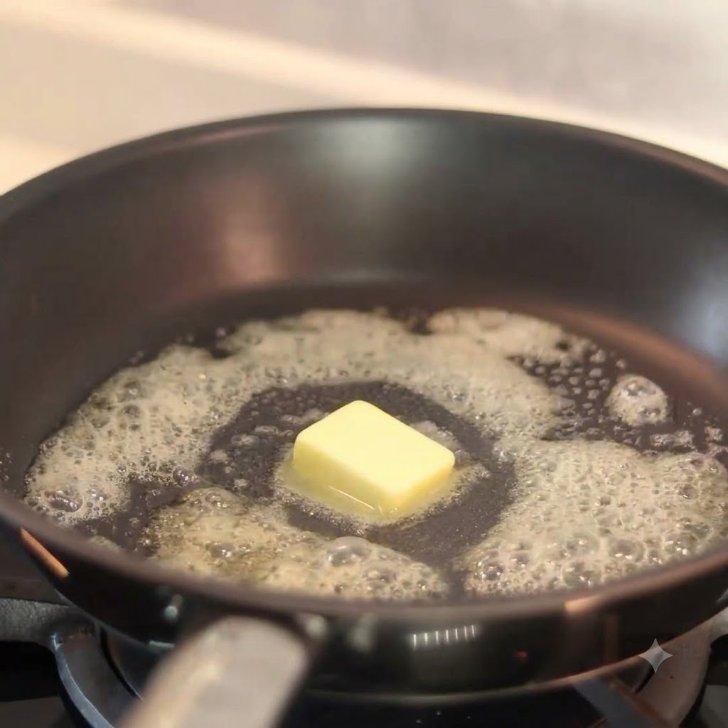 Oignons émincés ajoutés dans la poêle avec du beurre fondu, commençant à cuire à feu moyen.