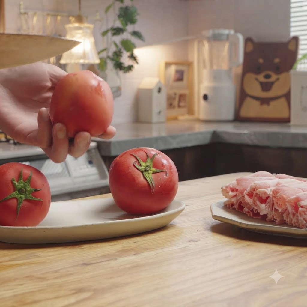 Une personne faisant une incision en croix sur une tomate rouge fraîche sur une planche à découper en bois.