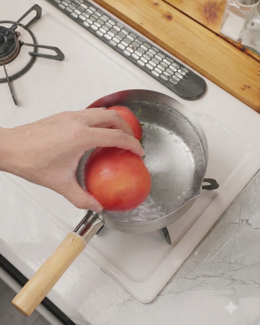 Tomates submergées dans une petite casserole deau bouillante sur une cuisinière.