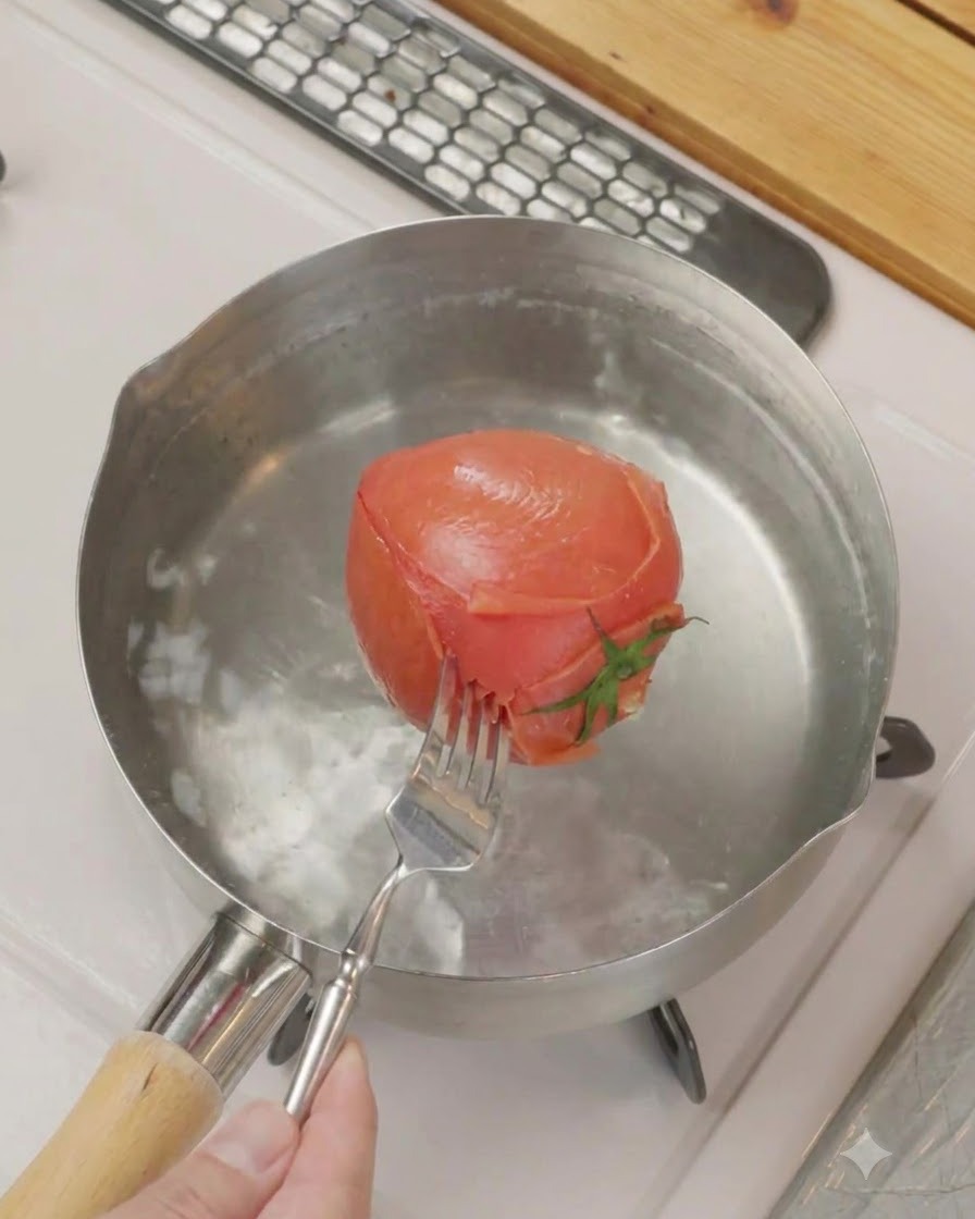 Pelage de la peau extérieure dune tomate blanchie chaude à laide dune fourchette.