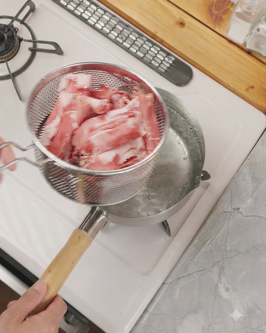 Une passoire contenant du bœuf cru tranché finement positionnée au-dessus dune casserole deau bouillante.