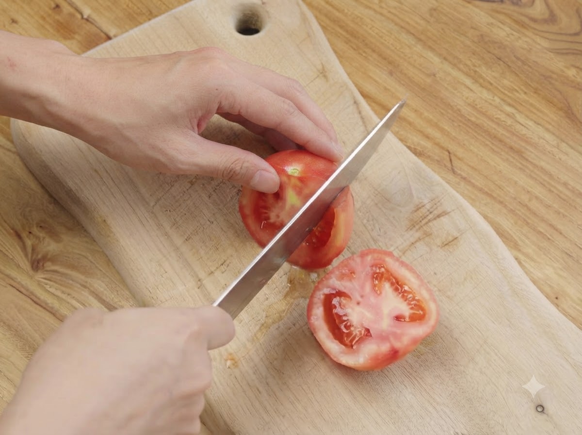 Un couteau coupant une tomate pelée en deux sur une planche à découper en bois.