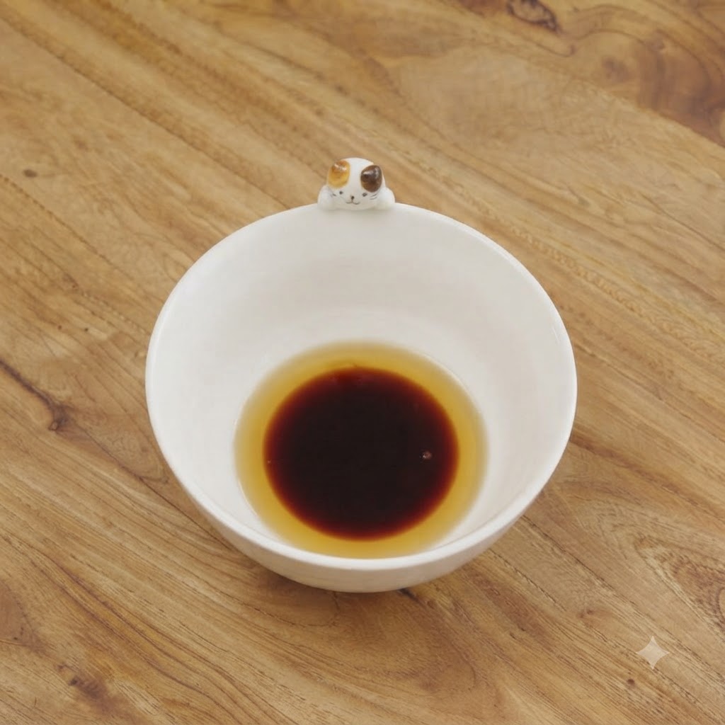 Un bol blanc contenant des sauces soja foncée et dhuître mélangées avec du concentré de tomate sur une surface en bois.