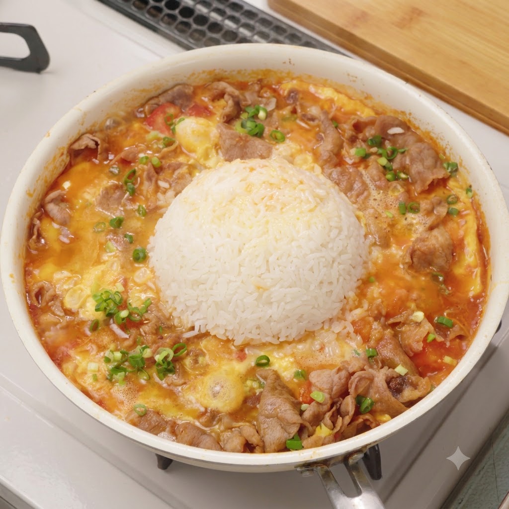 Une large poêle remplie dun mélange cuit de tomates, bœuf et œufs comportant une boule de riz blanc moulée au centre et une garniture doignons verts.