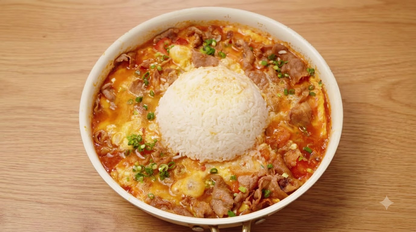 Bol de riz glissant au bœuf et à la tomate