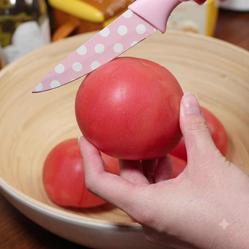 Gros plan dune main incisant le dessus dune tomate rouge fraîche avec un couteau rose dans un bol en bois.