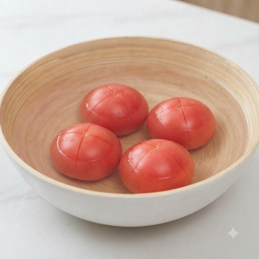 Quatre tomates incisées dans un bol en bois rempli deau chaude.