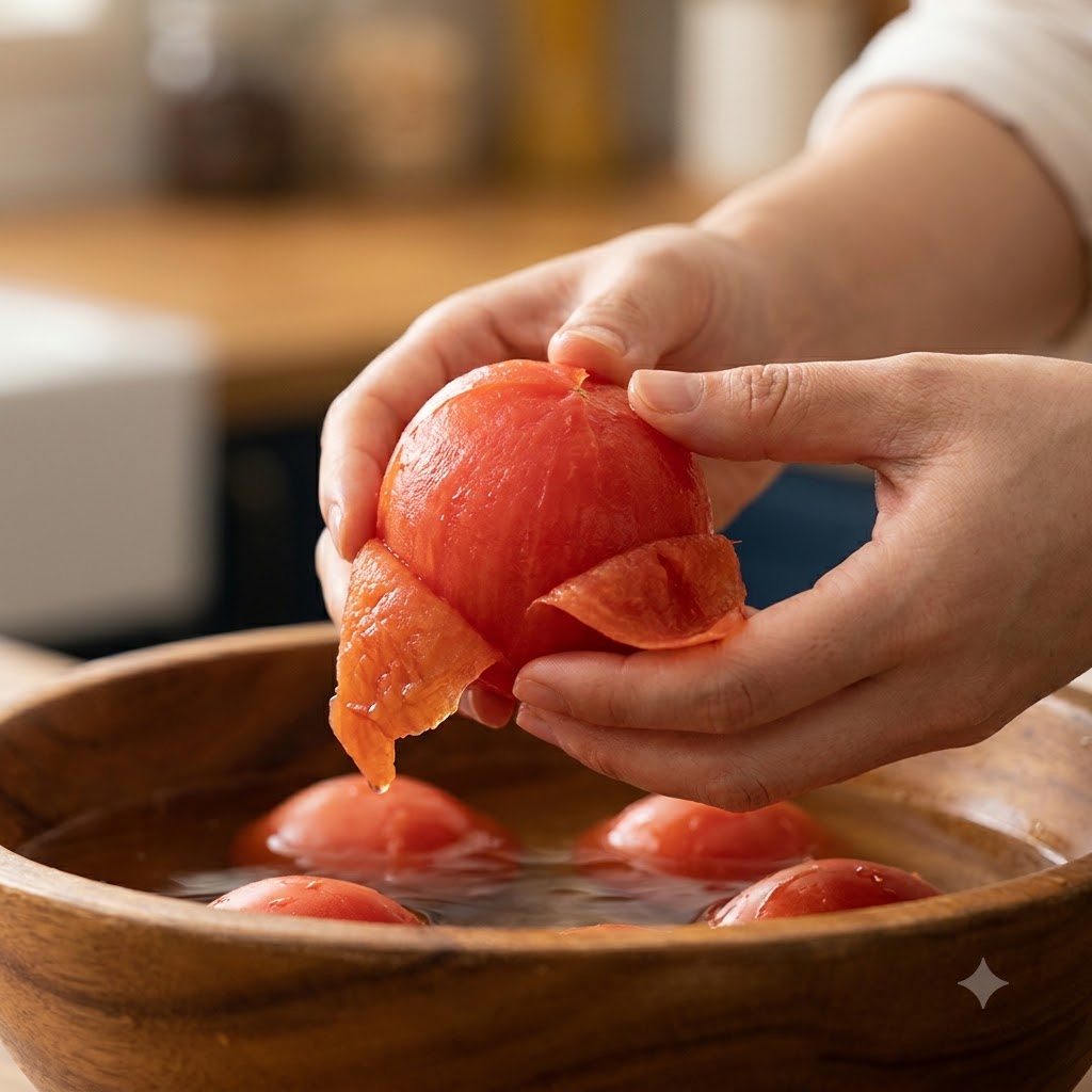 Une personne retirant la peau dune tomate ébouillantée au-dessus dun bol en bois contenant des tomates.