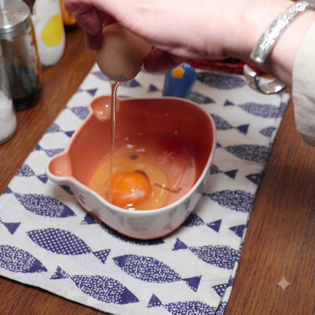 Une main cassant un œuf dans un bol rose en forme dours posé sur un set de table à motifs de poissons.
