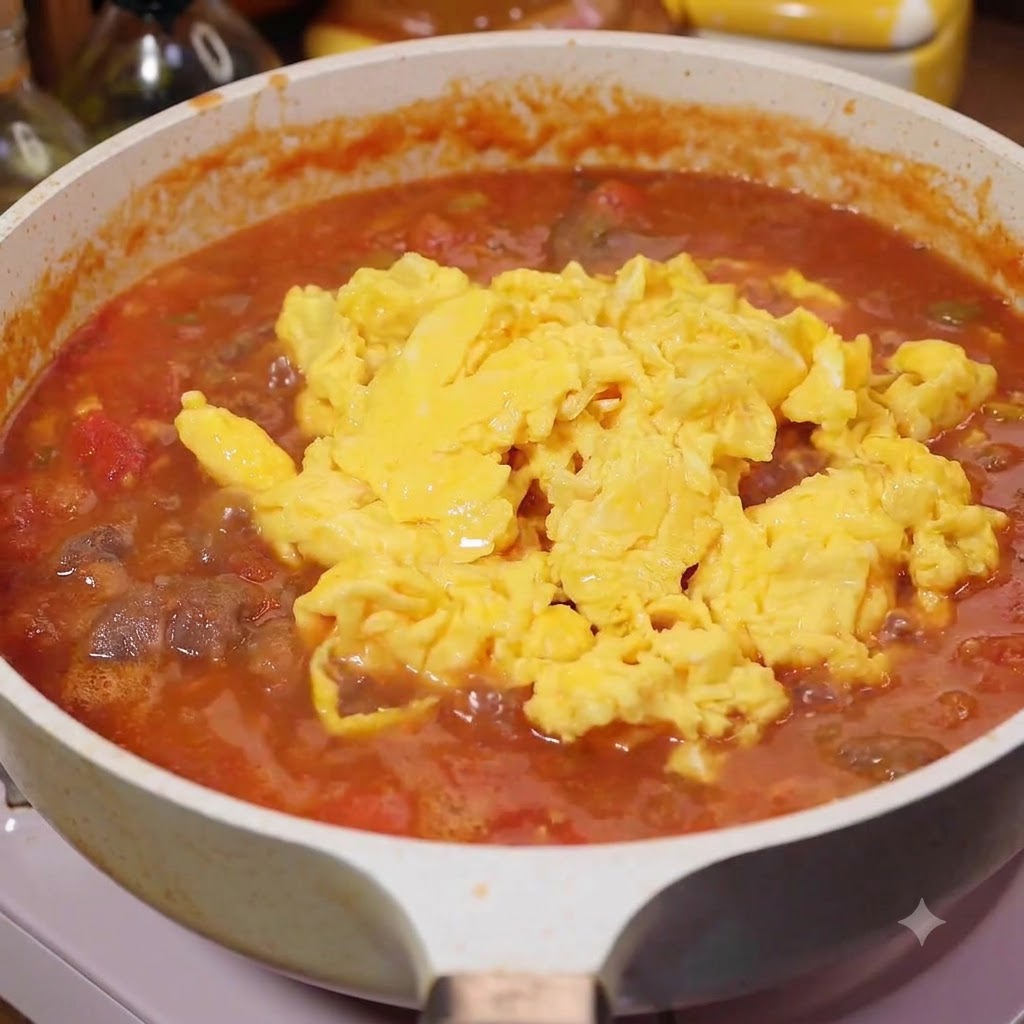 Œufs brouillés et une sauce onctueuse versés dans la poêle avec les tomates et le bœuf.