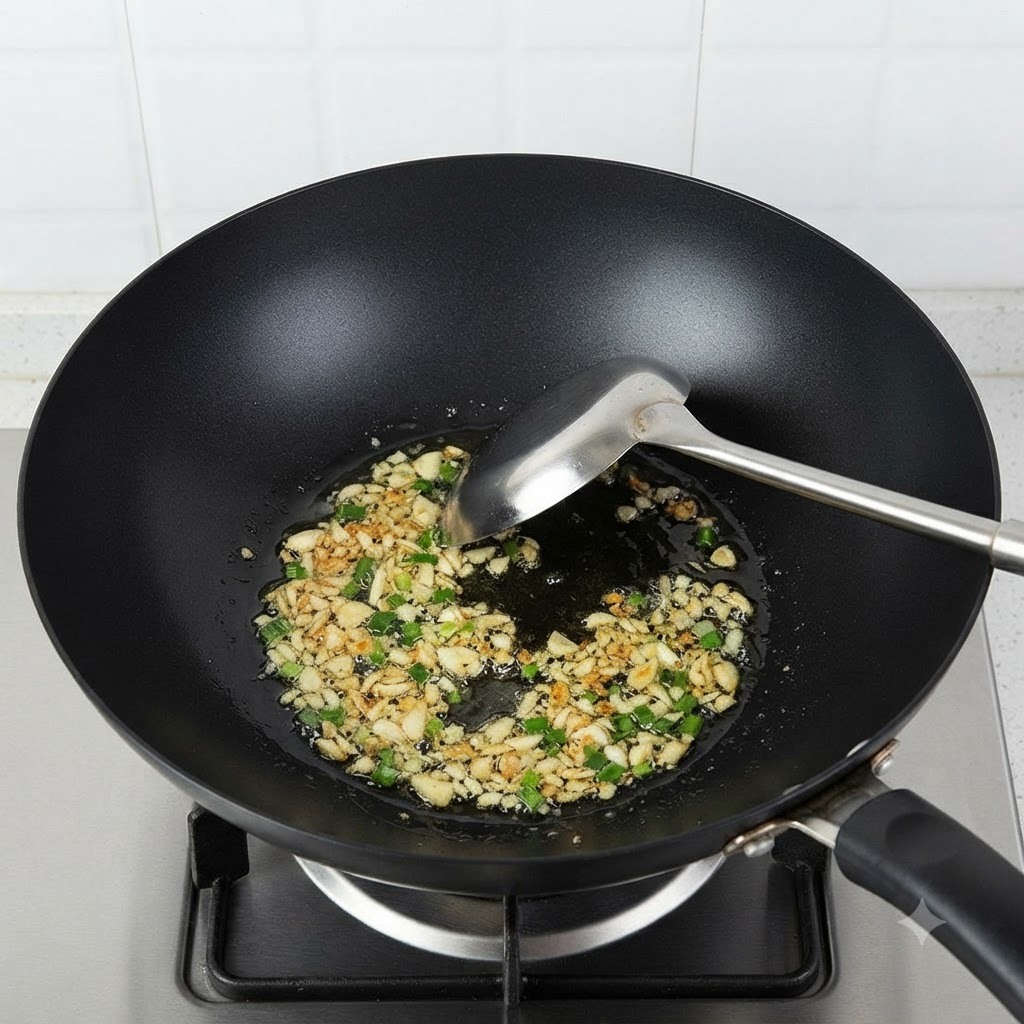 Ail émincé et oignons verts grésillant dans de lhuile de cuisson à lintérieur dun wok noir.