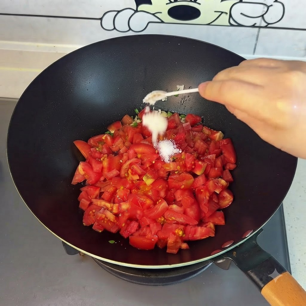 Tomates sautées et pressées dans le wok avec une cuillère.