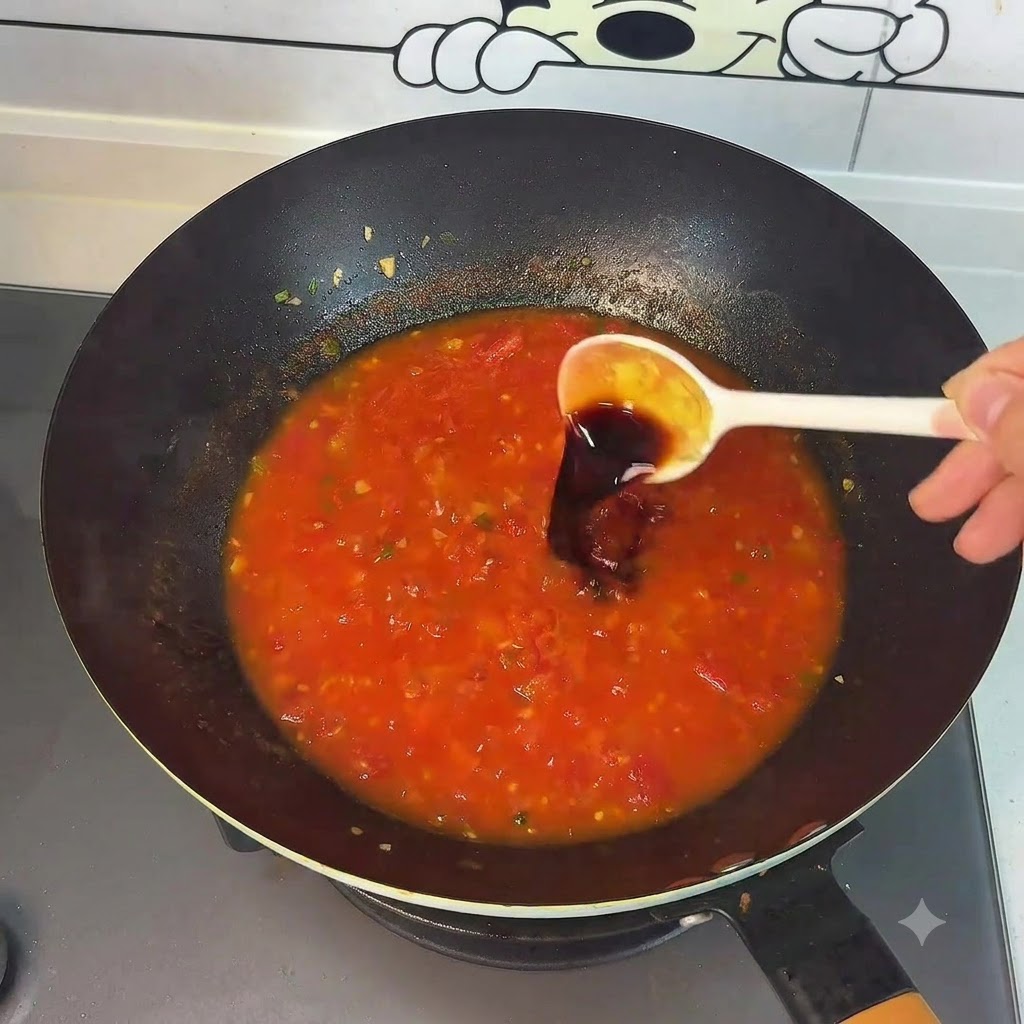 Sauce noire versée dune cuillère dans la base de soupe de tomates rouge vif dans le wok.