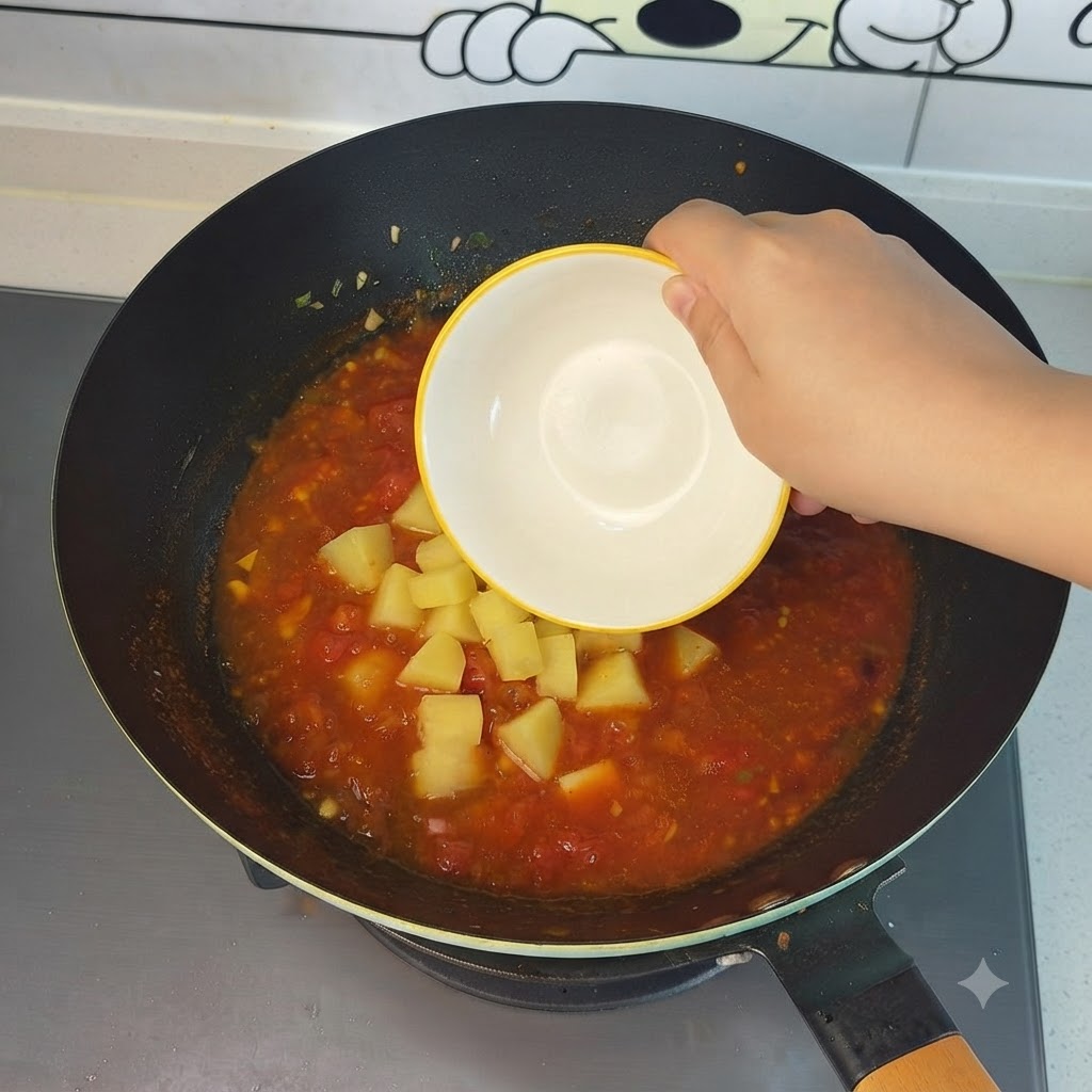 Pommes de terre coupées en dés versées dun petit bol dans la soupe de tomates bouillonnante du wok.