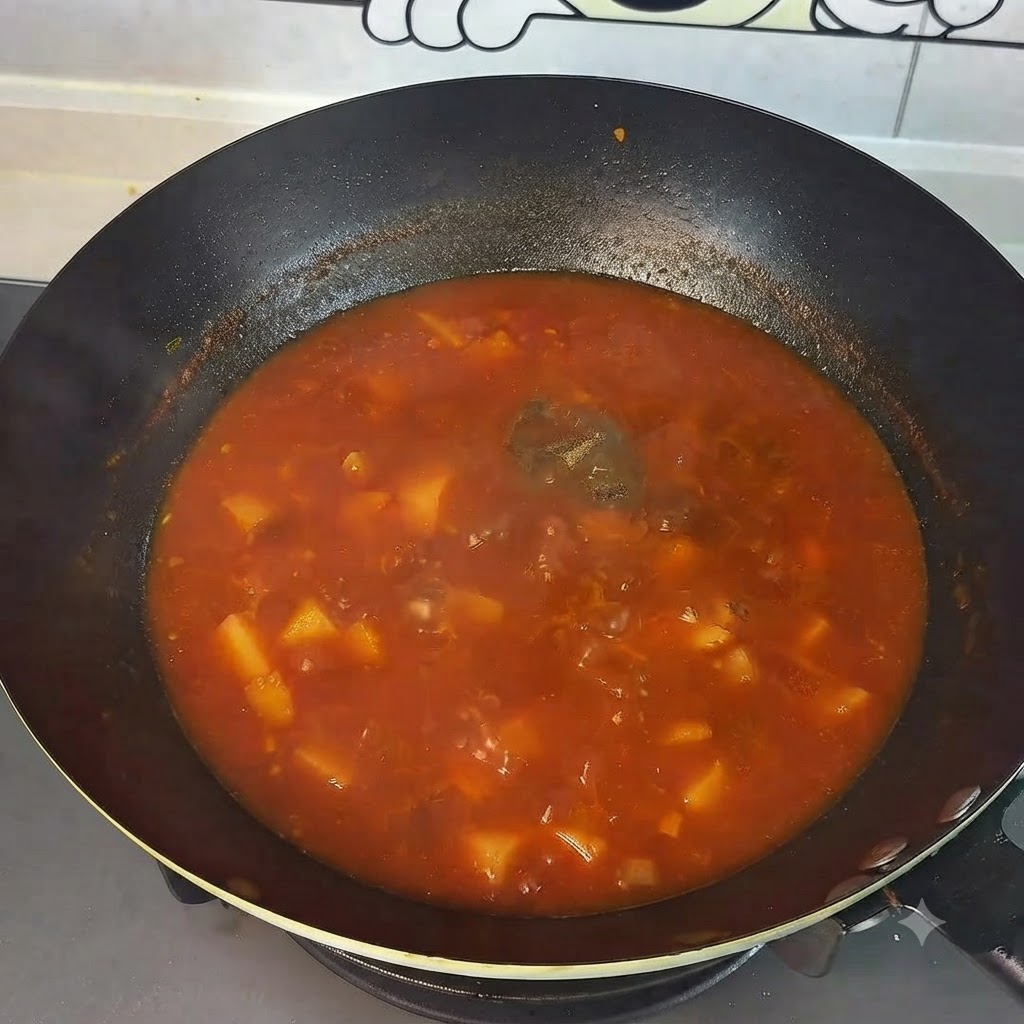 Poivre noir et sucre blanc saupoudrés dans la soupe bouillonnante de tomates et pommes de terre dans un wok.