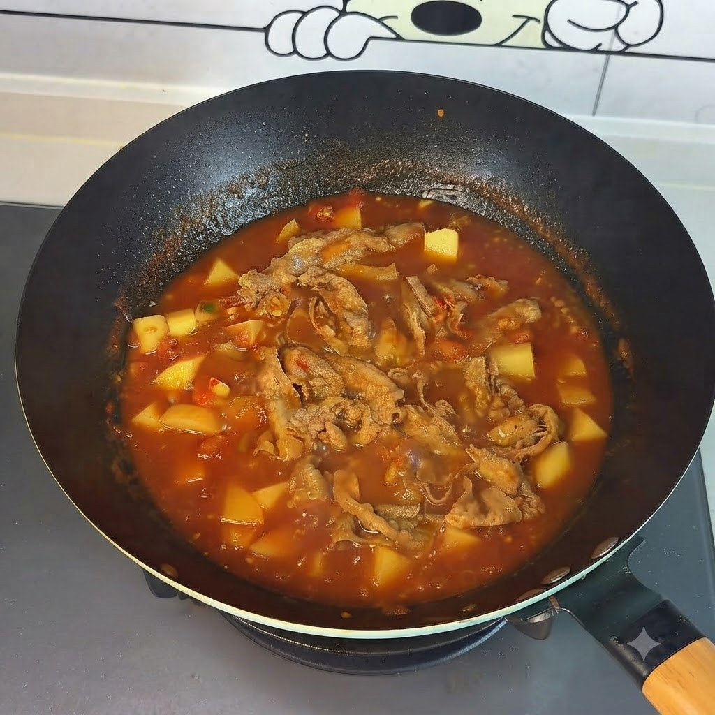 Hot pot fini de rouleaux de bœuf, tomates et pommes de terre dans le wok prêt à être servi.
