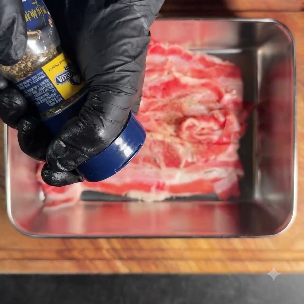 Tranches de bœuf cru et finement tranché dans un plateau en métal assaisonnées de poivre noir.