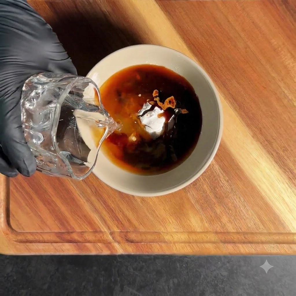 Mélanger les ingrédients de la sauce teriyaki — sauce soja, sauce huître, miel et fécule — dans un bol avec de leau.