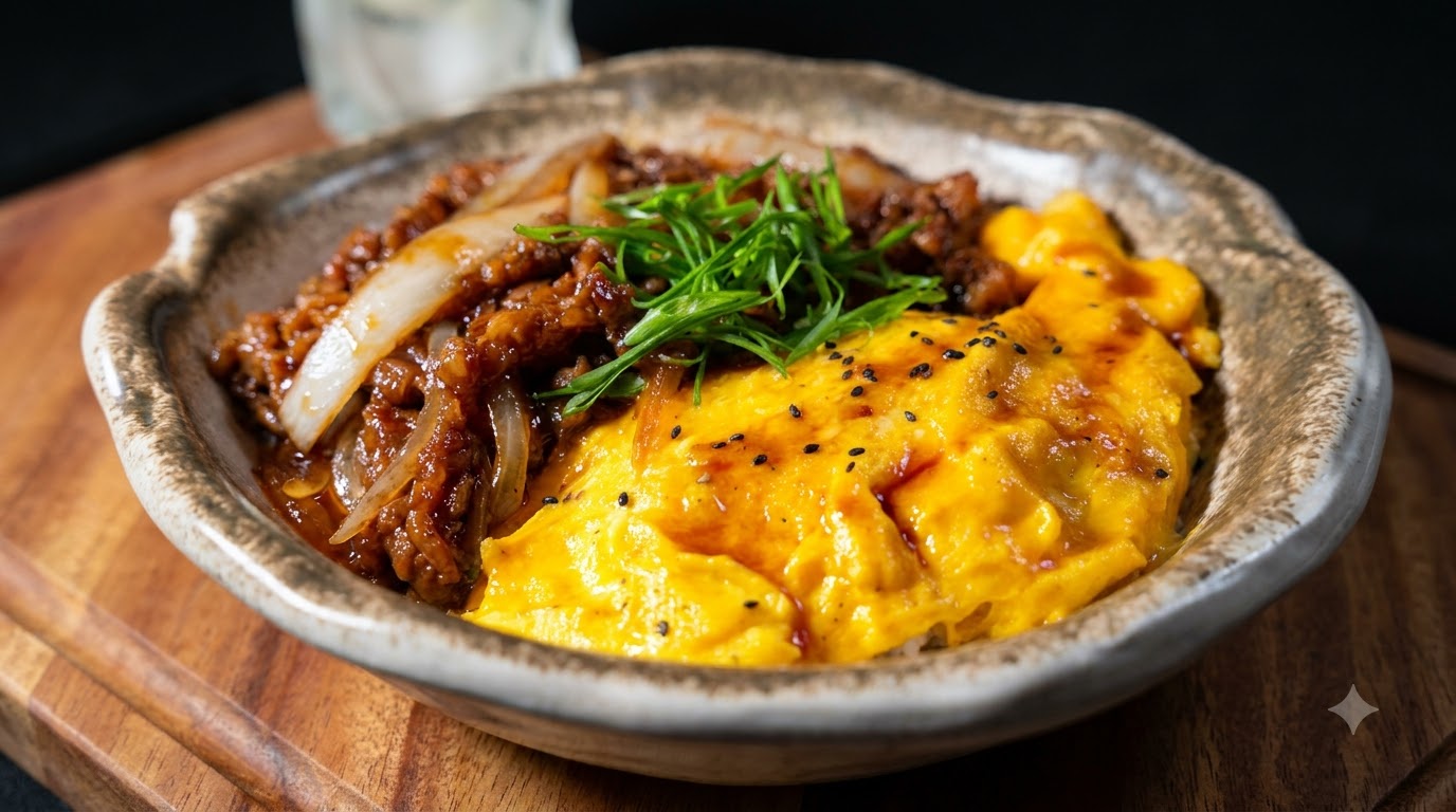 Gros plan sur un bol de riz au bœuf teriyaki et œufs brouillés, garni doignons verts et de graines de sésame noir.