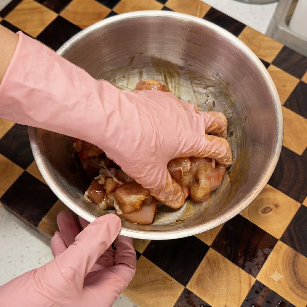 Une main portant un gant rose mélangeant des morceaux de poulet cru marinés dans un bol en acier inoxydable.