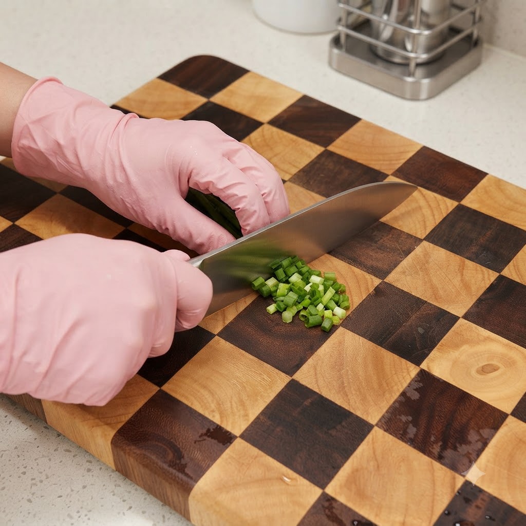 Mains portant des gants roses coupant des oignons verts frais avec un grand couteau sur une planche à découper à damier.