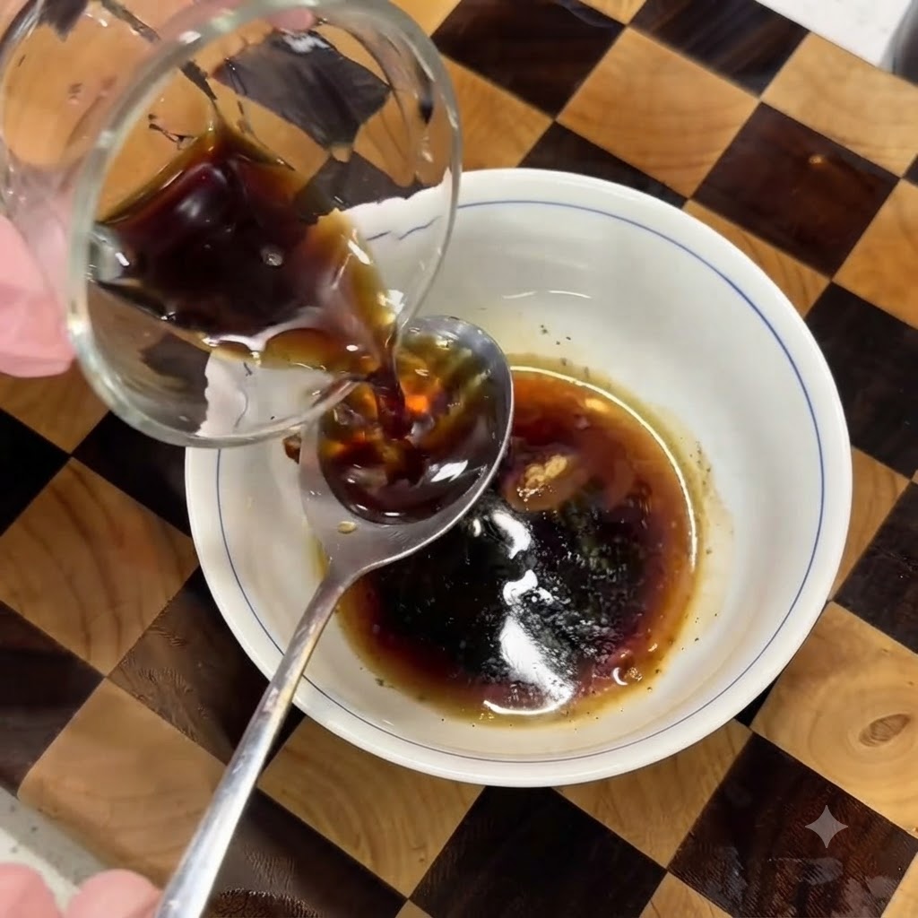 Verser un assaisonnement liquide foncé dune tasse en verre dans un petit bol blanc contenant un mélange de sauce soja et dépices.